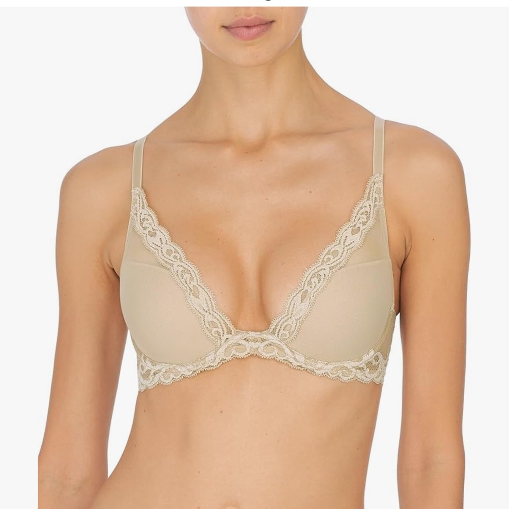 Natori Lace Trim Tan‎ Feathers Plunge T-Shirt Bra - Basics
